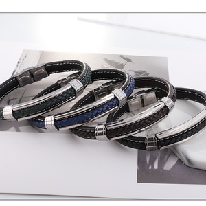 <b>Men</b> Mature Jewelry Black Leather <b>Bracelet</b> Stainless Steel Waterproof Wholesale 18k Plated Gold - Product Image 2