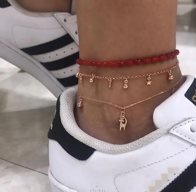 여름 멀티 레이어 금속 구슬 Anklets 고양이 펜던트 레드 비즈 발목 골드 컬러 스타 비치 발목 팔찌