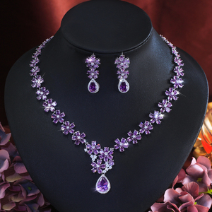 Parure de bijoux en plaqué rhodium avec zircons cubiques, motif fleur violette et goutte d'eau, collier et boucles d'oreilles pour <span class=keywords><strong>femme</strong></span>, idéale pour mariages et événements. - Product Image 4