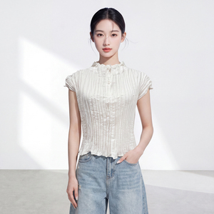 Women's Casual Eco-Friendly Slim Fit 100% Polyester Stand Collar <b>Top</b> Customizable Breathable <b>Cap</b> <b>Sleeve</b> Shirt Bulk Wholesale - Product Image 1