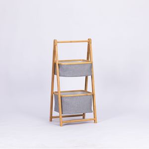 Three Layer Folding Bamboo Wood Storage <b>Basket</b> With Fabric Bin For Bathroom Bedroom Living Room Clothes Rack <b>Foldable</b> Standing - Product Image 5