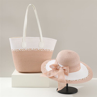Conjunto de Sombrero de Paja Panamá Azul y Blanco de Ala Ancha para Mujer y Bolso Tote, 2 Piezas, Rayado, Casual, para Viajes y Ciclismo