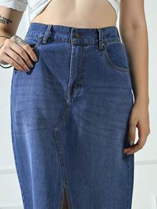 Jupe midi décontractée en jean délavé à taille haute, coupe trapèze, avec fente avant - Product Image 5