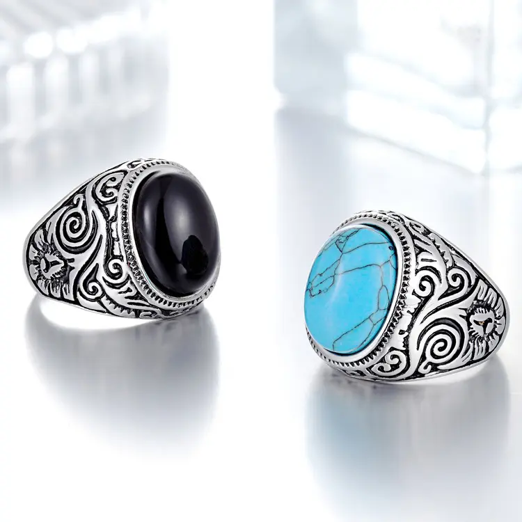 Vendita diretta del produttore moda acciaio inossidabile naturale onice nero blu turchese anelli di pietre preziose per uomo