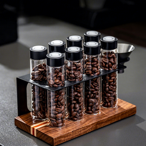 Kaffeebohnen-Aufbewahrungs- und Präsentationsset mit 8 Glasröhren, Modernem Minimalistischem Holzständer, Trichter und Luftdichten Kaffeebehältern für Zuhause, Café und Barista - Product Image 1