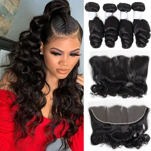 Raw Brazilian 100 Human Hair Bundle With Lace Closure Double Weft Full Cuticle Aligned Hair Bundles With Lace Frontal Loose Wave