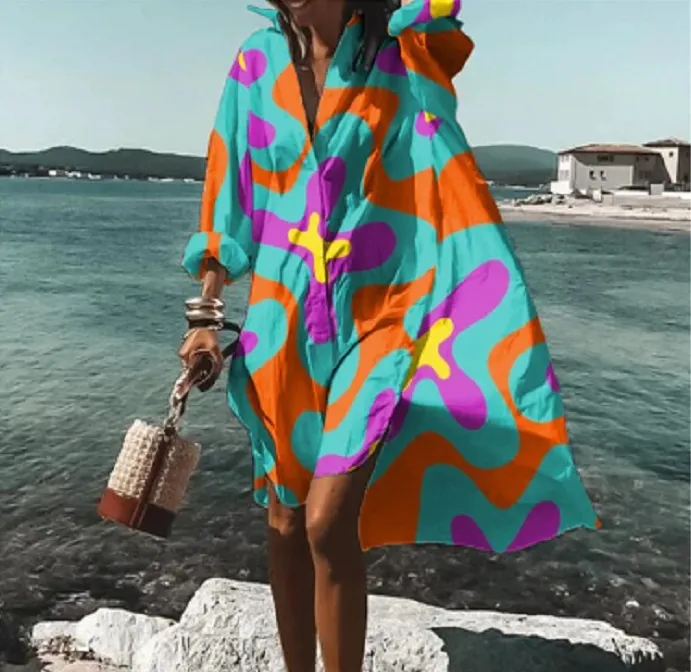 Modisches Revers-Design Freizeitkleid mit langen Ärmeln für Damenmode