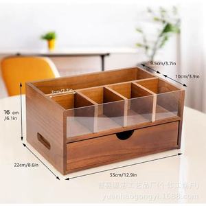 Wooden Double Layered Compartmentalized Desk Organizer With <b>Drawer</b> For Tea Coffee <b>Storage</b> Rectangle Solid Color Office Organizer - Product Image 3