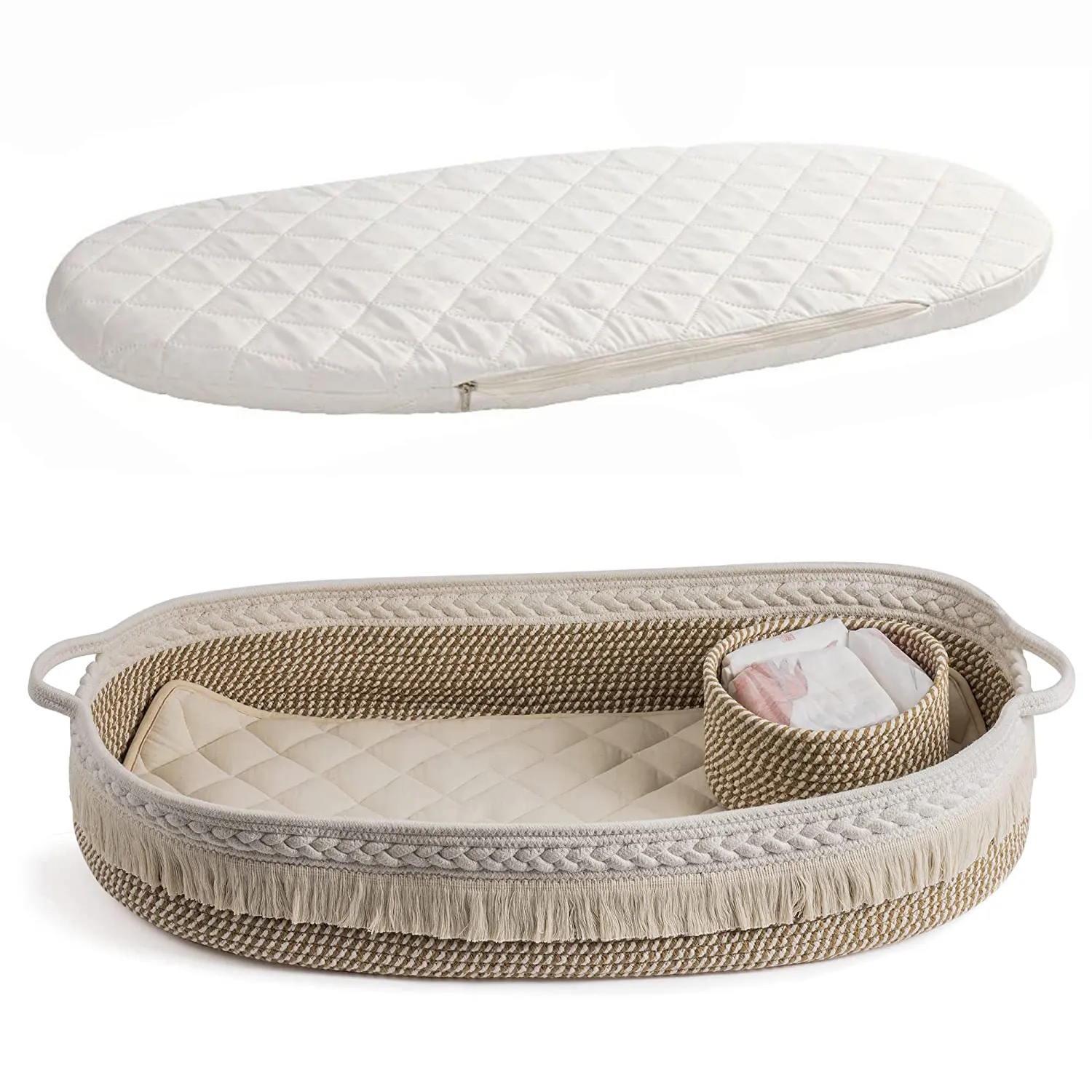 Cotton Baby Changing Basket With Diaper Changing Foam Pad Storage Woven Bin Boho Nursery Decor Baby Stuff