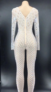 Tenue de soirée Sexy transparente avec perles et strass, tenue de Club, chanteur, danse, justaucorps, body moulant pour femmes, combinaison une pièce brillante - Product Image 6