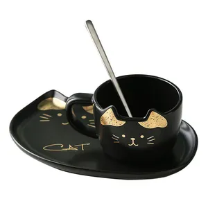 Nero su ordinazione di design in porcellana tazza di latte piattino Creativo design di tè tazza di caffè di ceramica gatto con coperchio e cucchiaio piatto