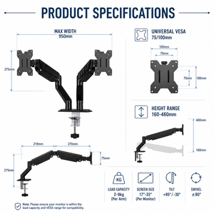 <span class=keywords><strong>Support</strong></span> de bureau <span class=keywords><strong>double</strong></span> moniteur classique et abordable, entièrement articulé, inclinable, avec ressort mécanique, pour les professionnels de la technologie - Product Image 4