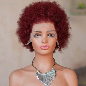 <span class=keywords><strong>Precio</strong></span> al por mayor en pelucas sin pegamento de cabello humano con rizos afro cortos, rizos naturales, hechas a máquina, con flequillo, encaje frontal, 99J, gorra pequeña - Product Image 1