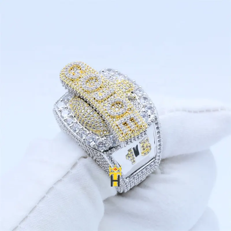 14K Cincin Emas Perak Moissanite Cincin Pria 925 Bling Hip Hop Pelat Nama Kustom Iced Out Cz Surat Cincin