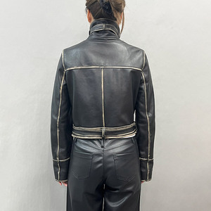Chaqueta de cuero genuino de oveja desgastada corta para <span class=keywords><strong>mujer</strong></span>, estilo 2026, con solapa y cinturón, de <span class=keywords><strong>moda</strong></span>, para motocicletas - Product Image 2