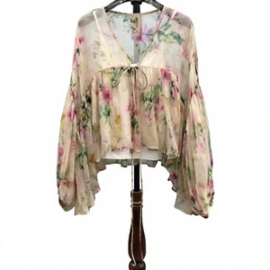 Blusa de Seda 100% con Estampado Floral, Cuello en V, Manga Farol, Camisa Holgada Tejida para Primavera/Verano, Mujer - Product Image 4