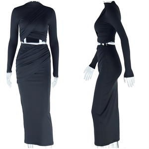Conjunto de 2 Piezas de Moda: <span class=keywords><strong>Top</strong></span> Corto Informal con Cuello Redondo Irregular y Manga Larga que Deja el Ombligo al Descubierto y Falda Midi Informal - Product Image 4