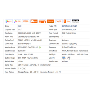 B173zan06.8 hw0a/1A/2A/3A/4A Thương hiệu Mới không có cảm ứng 17.3 "16:9 máy tính xách tay màn hình <span class=keywords><strong>LCD</strong></span> module 3840*2160 WLED EDP <span class=keywords><strong>40</strong></span> Pins 73% sRGB 1.61kg - Product Image 4