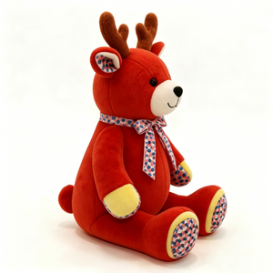Oso de Peluche Reno Rojo, Adorable Peluche Sentado con Lazo de Puntos y Parche de Corazón, Suave Peluche Festivo de Reno - Product Image 1