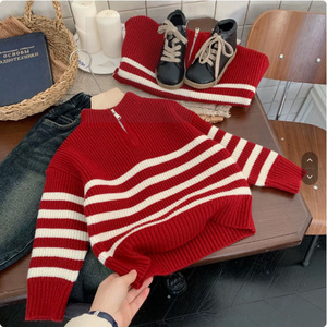 Tongxingyuan Childrens Sweater Red White Stripes Zipper Thick Cotton Winter Boys Knit Top New Year Outfit - Product Image 2