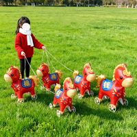 Ballon en aluminium 3D en forme de poney de dessin animé rouge à roues, pour le Nouvel An du Cheval du Zodiaque, pour enfants, à pousser au sol, cadeau