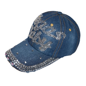 Vegas Babay Sporty 5-Panel Hat Custom Logo Light Denim Jeans Wash Bling <b>Baseball</b> <b>Cap</b> with Rhinestones Common Fabric Feature - Product Image 6