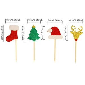 Juego de 24 Adornos para Pastel de Navidad con Diseños Brillantes de Gorros de Santa Claus, Árboles, Calcetines Rojos y Renos Dorados para Decoración de Cupcakes - Product Image 2
