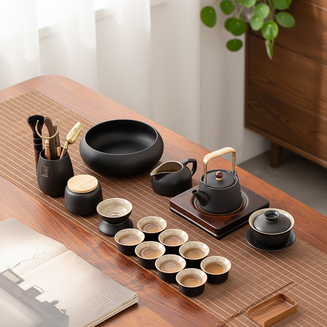 Matte Black Ceramic Kung Fu Tea Set with Tea Tray Utensils Complete Chinese Tea Ceremony Custom Gift Box