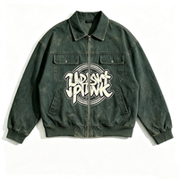 Vintage Verwaschene Grüne Reißverschluss-Arbeitsjacke Kornit DTG Ring-Style Graffiti-Buchstaben-Druck Übergroße Streetwear-Jacke