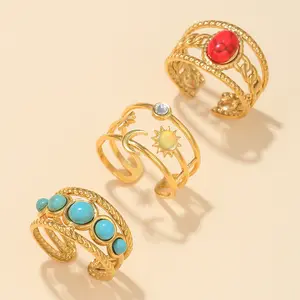 Nieuwe Mode Edelsteen Ringen Geometrische C Letter Rvs Vergulde Ster Maan Diamant Turquoise Verstelbare Vrouwen Ringen
