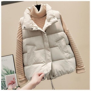 Women's Short Puffer Vest Off White Solid Color Polyester Wadding Loose Fit Outerwear With Zipper Pockets Autumn Winter Wear - Product Image 1