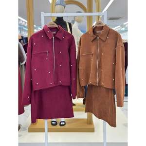 Sobe Suede <b>Suit</b> Set Women Jacket And Skirt With <b>Silver</b> Studs Zip Front Fashion Outfit - Product Image 2