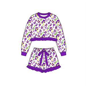 Preorder Girls Mardi Gras Print Long Sleeve Top Ruffle <b>Shorts</b> 2Pcs Set Boutique Outfit for <b>Toddler</b> Kids - Product Image 6