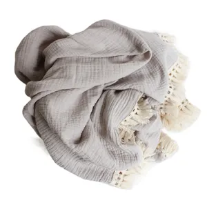 流苏毛毯襁褓新生儿纯色绒球浴巾喂养婴儿毯