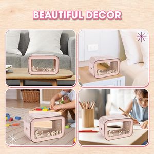 Children Wooden Piggy Bank Box Personalized Cartoon Money Box For Kids Bedroom <b>Desktop</b> Storage With Removable <b>Shelf</b> - Product Image 3