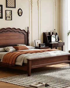 Premium Dark Walnut Solid Wood Bed Frame French Vintage Wavy Headboard Turned <b>Post</b> Stable Bedroom Furniture for Home & Guest Roo - Product Image 3