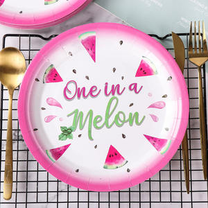 Assiettes jetables biodégradables en papier pour fête sur le thème de la pastèque, assiettes à gâteau, thème fruits d'été - Product Image 2