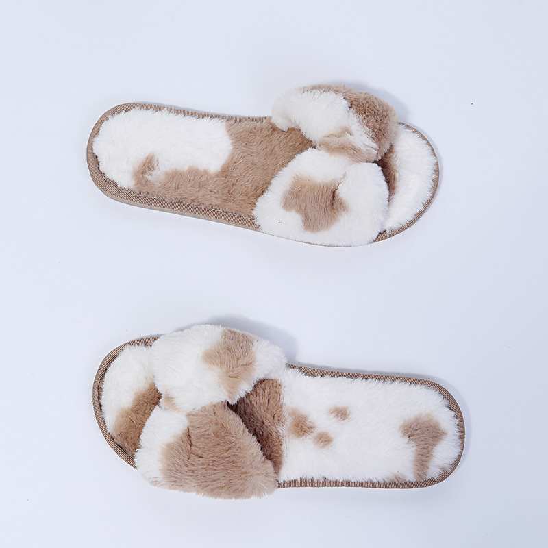Fashion Furry Slippers Women Flat Bottom Outdoor Bow Plush Slippers Sandals
