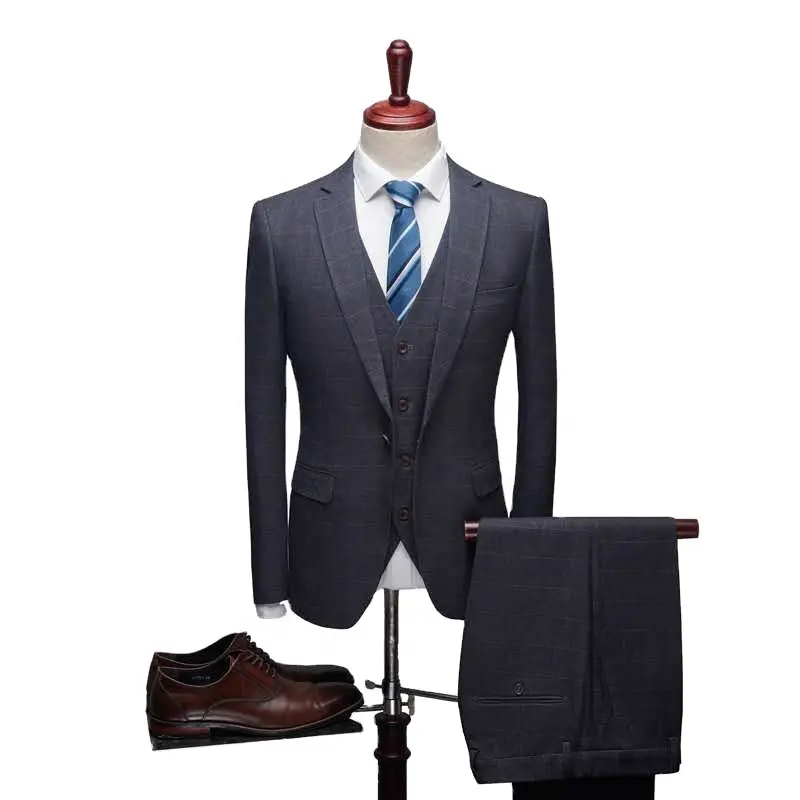 Hot Fashion Slim Jacket 3-piece 2-piece suit dark grey classic check wedding formal pointed lapel wedding no men's suit