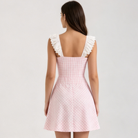 Robe mini rose à carreaux pour femme, col carré, volants, nœud sur le devant, sans manches, coupe trapèze, été, personnalisable OEM ODM, vente en gros