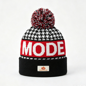 British Retro Style Houndstooth Patterned Winter Jacquard Knit <strong>Hat</strong> Tricolor Red Black Cuffed <strong>Bobble</strong> Skull Cap Pom Beanie BSCI - Product Image 2