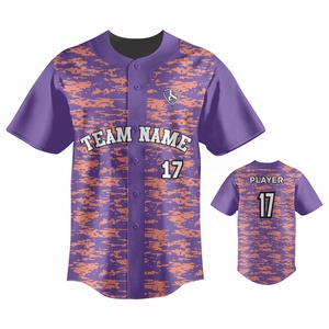 Maillot de baseball personnalisé sublimé pour homme, imprimé camouflage violet et orange, anti-humidité, manches courtes, nom de l'équipe, numéro du joueur - Product Image 1