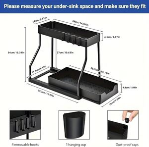 2 Pezzi Organizzatore Sottolavello Moderno a 2 Livelli Nero, Scaffale Scorrevole in Plastica per Organizzazione <span class=keywords><strong>Detersivi</strong></span> Cucina e Bagno - Product Image 2