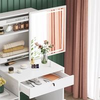 Coiffeuse Moderne Blanche en Bois avec Panneaux, Table de Maquillage Miroir, Commode à 6 Tiroirs, Lumières LED, Miroir et Tabouret – Meuble d'Appartement