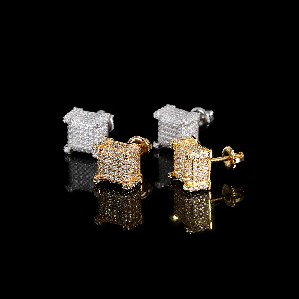 Mens Earrings Jewelry 18K Gold Plated Zircon Setting Iced Out Bling Hip Hop Screw Back Square Earrings Stud