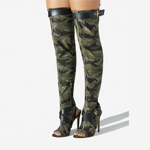 Front Zipper Women Stretchy Thigh <b>High</b> Boots Summer Cross Belt Buckle Long Booties Over <b>Knee</b> Peep Toe <b>High</b> Heel Camouflage Shoes - Product Image 6