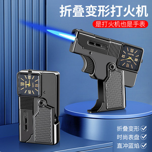 Encendedor Portátil Plegable con Reloj, Resistente al Viento, Llama Directa, Multifuncional, Regalo de Viaje, Negro, Dorado, Plateado - Product Image 1