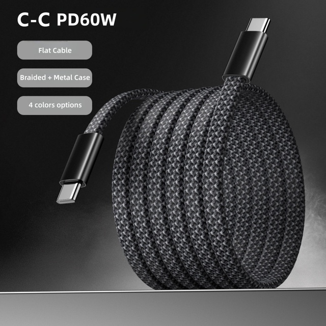 OEM logo Redesign 60W Flat Braided Aluminum Alloy Data Cable with 3A Fast Charging and Smart Charging for iphone 17 16 samsung