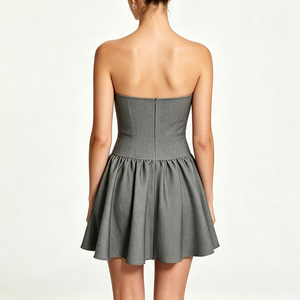 Robe courte sans bretelles coupe trapèze avec boutons sur le devant, bustier ajusté, couleur unie, décontractée pour femme, en tissu tissé respirant - Product Image 2