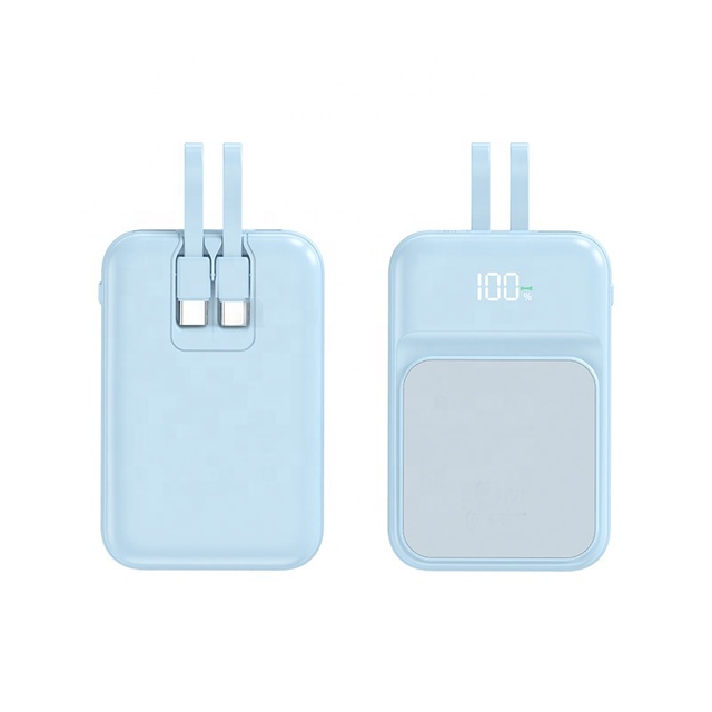 2024 New Design 10000mAh 5W Wireless Power Bank Built in Double Charging Cables Power Bank for Mobile Phone